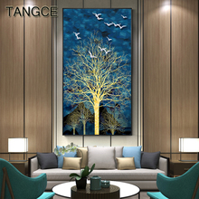 Abstract Golden Tree Painting Blue Night Starlight Posters Big Size Wall Art Picture for Living Room Aisle Nordic Print Tableaux 2024 - buy cheap