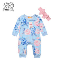 Baby Girls Floral Romper Newborn Infant Toddler Kids Autumn Long Sleeve Romper Bow Headband 2Pcs Princess Outfit Pajama Clothes 2024 - buy cheap