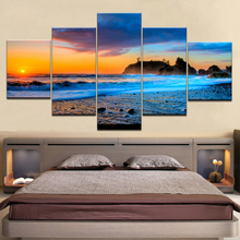 Pintura en lienzo de pared de salón, marco de Arte de 5 piezas, puesta de sol, brillo, playa, olas del mar, póster de alta definición, imágenes de paisaje marino, decoración del hogar 2024 - compra barato