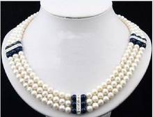 3 ROW new 7-8mm natural Akoya white black Pearl Necklace 17'-19'' 14k yellow GOL 2024 - buy cheap