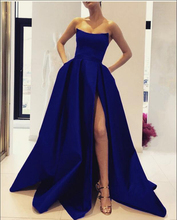 Vestido longo de noite azul royal, elegante, sem alças, sexy, fenda alta, cetim, linha a, estilo árabe dubai, vestidos formais, abendkleidir 2024 - compre barato