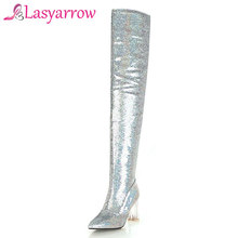Lasyarrow Autumn Winter Shoes For Women High Heels Glitter Thigh High Long Boots Pointed Toe Sexy Gold Silver Over the Knee Boot 2024 - buy cheap