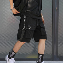 Men punk rock hip hop shorts ribbons hiphop cargo shorts mens black casual street wear elastic short pants with many pockets 2024 - buy cheap