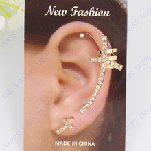 One piece Left Ear cuff Rhinestone show Fashion jewelry Cross Clip Earring Golden color Christmas gift Party show Nickel free 2024 - buy cheap