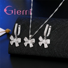 Pure 925 Sterling Silver  Hot Sale Cubic Zirconia Crystal BowKnot Necklaces For Woman Fine Jewelry Party Earrings Set Gifts 2024 - buy cheap
