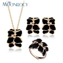 MOONROCY Free Shipping Rose Gold Color Austrian Crystal Jewelry Set Necklace Earrings and Ring Black flower For Women gift 2024 - compre barato