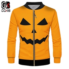 OGKB Man Halloween Zip Jacket Yellow Lovely 3D Printed Funny Human Face Pumpkin Pattern Wholesale Leisure Men's Coat 6XL 2024 - buy cheap