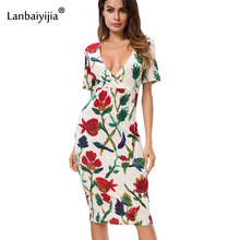 Lanbaiyijia Print Flowers Short Sleeve V-neck Women Dress high quality Velvet dress Knee-length Slim Casual Summer dresses S M L 2024 - buy cheap