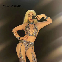 Sexy See through Jumpsuit Colorful Sparkly Rhinestones Prom Birthday Female Singer Show Stage Wear Women Dance Clothes 2024 - buy cheap