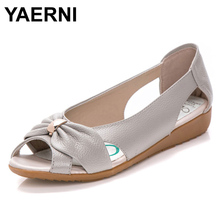 YAERNI-Sandalias de piel auténtica para mujer, zapatos planos de piel de vaca, con lazo y nudo de mariposa, de talla grande 2024 - compra barato