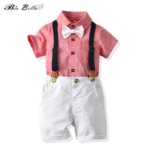 Conjunto de ropa con lazo blanco para bebé, traje Formal de cumpleaños, conjunto de ropa para bebé recién nacido, camisa roja, Tops + Pantalones con tirantes, trajes de verano 2024 - compra barato