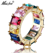 MISSFOX Hip Hop Rainbow Men Ring Big Colored Square Cubic Zirconia Micro Pave Dainty Ring 18k Gold Fashion Casual Gifts Bijoux 2024 - buy cheap