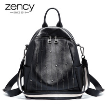 Рюкзак Zency из 100% натуральной кожи, повседневный женский рюкзак с заклепками, стиль преппи школьная сумка, черная Дорожная пляжная сумка высокого качества 2024 - купить недорого