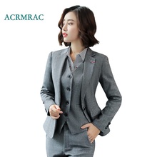 ACRMRAC-traje gris para mujer, chaqueta ajustada de rejilla, pantalones de lápiz, traje Formal, trajes de negocios 2024 - compra barato