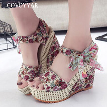 COVOYYAR-zapatos de tacón alto con lazo Floral para mujer, cuñas de tacón alto con correa en el tobillo, con lazo Floral, WSS464 2024 - compra barato