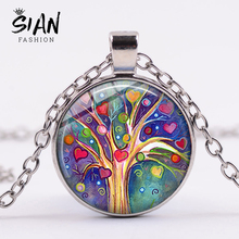 SIAN Hot Tree of Life Pendant Necklace Magic Colorful Tree Art Drawing Glass Round Charm Choker Elegant Women Statement Jewelry 2024 - buy cheap