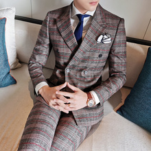 2019 Autumn Men Double Breasted Suit Stylish Wedding Smoking Mariage Homme Three Piece Mens Plaid Suits Prom Stage Wear Q666 2024 - buy cheap