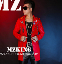 S-5xl! Men's New Fashion Dj Red Long Locomotive Leather Jacket Coat Singer Costumes Formal Dress Plus Size Clothing 2024 - buy cheap