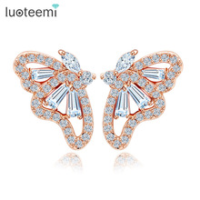 LUOTEEMI Brand Sweety Jewelry High Quality White&Rose Gold-Color Butterfly Cubic Zircon Stud Earrings for Women Wedding Gift 2024 - купить недорого