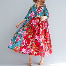 Johnature Vintage Dress Patchwork Print Floral Robes Plus Size Women Cloths 2021 Summer New O-Neck Short Sleeve Korean Dress 2024 - buy cheap