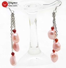 Qingmos 3 Pieces Natural Pearl Earrings for Women with 7-9mm Light Pink Baroque Freshwater Pearl Dangle 3" Earrings Jewelry e549 2024 - buy cheap