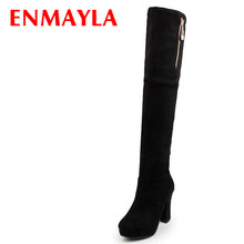 ENMAYLA Fashion Zipper High Heels Platform Boots Women Nubuck Square Heel Elegent Knee High Boots Black Brown Plus Size 34-47 2024 - buy cheap