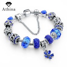 ¡Pulseras de regalo! Pulseras de cristal de flores azules para mujer, pulseras y brazaletes de plata con abalorios DIY, Pulsera de joyería SBR160034 2024 - compra barato