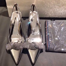 INS Rhinestone bow pointed toe woman slingback high heel dress shoes sexy high quality mirror silver woman crystal bow stiletto 2024 - buy cheap