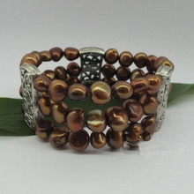 Pulsera elástica de Triple hebra con perlas de agua dulce, accesorio recién llegado, color marrón oscuro, 8-9mm 2024 - compra barato