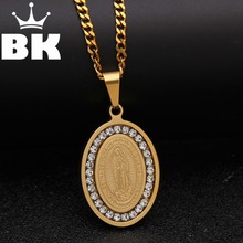 Gold Tone Round Virgin Mary Pendant Necklace Alloy Hip Hop Catholic Mens Jewelry Iced Out Rhinestone With 3mm Cuban Chain 2024 - buy cheap