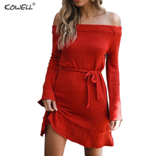 Off Shoulder Knitted Dress Women Autumn Winter Long Sleeve Lace Up Loose Sexy Bodycon Dress Warm Elegant Party Dress Vestidos 2024 - buy cheap