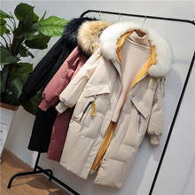 2019 Middle-aged Women's Winter White Duck Down Jacket Hooded Long Coat Loose Thicken Warm Big Fur Collar Down Jackets Plus Size 2024 - buy cheap