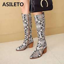 ASILETO-botas de piel de vaca auténtica para mujer, botines hasta la rodilla con tacón de bloque, bota larga occidental con cremallera, punta estrecha, talla grande 43 2024 - compra barato