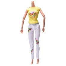 1 комплект = желтая майка + белые модные брючные костюмы для Барби, летняя кукла с цветочным принтом, одежда для девочек, игрушки в подарок, высокое качество 2024 - купить недорого