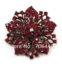 Vintage-Bronze Plated Dark Red Rhinestone Crystal Diamante Flower Bouquet Pin Brooch 2024 - купить недорого