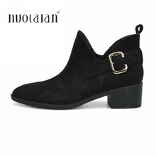 Women's Shoes Ankle Boots Chunky Block Heel Metal Buckle Chelsea Boots Round Toe Short Plush Winter Women's Boots Black Big Size 2024 - buy cheap