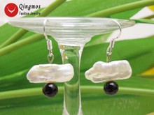 Qingmos 12-15mm White Freshwater Natural Biwa Pearl Earrings for Women with 6mm Round Black Black Agates Dangle Hook Earring 445 2024 - buy cheap