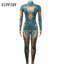 Blue Stones Sparkly Jumpsuit Fashion Sexy Nude Stretch Dance Costume One-piece Bodysuit Nightclub Oufit Party Leggings 2024 - buy cheap