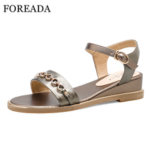 FOREADA-Sandalias de cuero de vaca con hebilla Natural para mujer, zapatos de Tacón de Cuña, de talla grande 43, para verano 2024 - compra barato