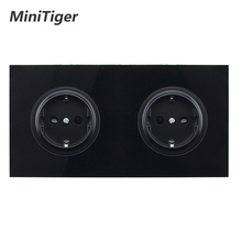 Minitiger-Panel negro de cristal templado, toma de corriente de pared estándar europeo doble, 16A, con conexión a tierra, puerta protectora para niños 2024 - compra barato