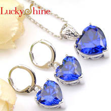 Luckyshine Dazzling Lover Heart Fire Blue Crystal Cubic Zirconia 925 Silver Pendants Necklaces Drop Earrings Jewelry Sets 2024 - buy cheap