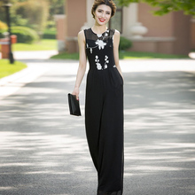 Women Elegant Long Party Jumpsuits 2020 Chiffon Floral Embroidery Black Wide Leg Full Length Summer Rompers Plus Size 3XL 4XL 2024 - buy cheap