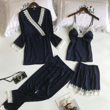 Jjulho's conjunto de pijamas 4 peças, pijama de seda falsa, primavera verão, elegante, feminino, short completo, roupa de dormir macia, robe 2024 - compre barato