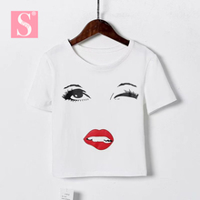 STVY-Camiseta Sexy bonita para mujer, remera roja con labios impresos, camisetas blancas de algodón, ropa para mujer, Camiseta corta ajustada 2019 2024 - compra barato