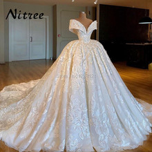 Arabic Muslim Ball Gown Wedding Dresses Turkish Dubai Lace Off The Shoulder Formal Bridal Dress African Moroccan Kaftan Glitter 2024 - buy cheap