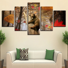 Quadro de lona hd impressões arte 5 peças animal bonito cão urso na árvore e maple folha paisagem pintura modular decoração da parede imagens 2024 - compre barato