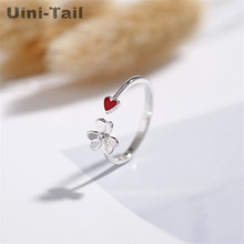 Uini-tail anel de prata esterlina 925, pétalas de três folhas, vermelho, em formato de coração, abertura, coreano, hipster, estudante simples gn998 2024 - compre barato