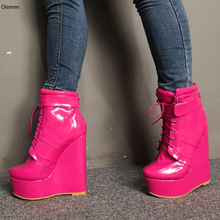 Olomm-Botines con plataforma para mujer, botas sexys de tacón alto con cuñas, punta redonda, azul, rosa y rojo brillantes, talla grande de EE. UU. 5-15, Invierno 2024 - compra barato