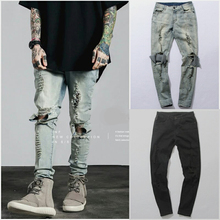 Рваные джинсы для мужчин, мужские обтягивающие потертые облегающие джинсы от известного бренда, байкерские черные джинсы в стиле хип-хоп с дырками Kanye West 2024 - купить недорого