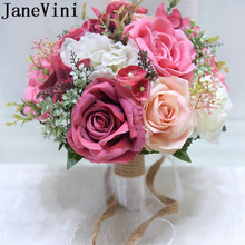 JaneVini 2019 Mais Novo Titular Flores de Noiva Bouquets De Casamento Artificial Silk Rose Red Ivory Lace Rosette Bridal Bouquet De Mariage 2024 - compre barato